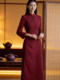 Mijie 2025 Winter New Chinese-Style Stand-Collar Dress for Women, Burgundy, Waist-Cinching, Slimming, Elegant Mid-Length Dress