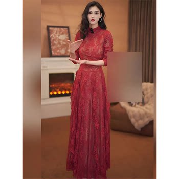 Mijie French-Style Light Luxury Red Lace Dress for Women, Long-Sleeved, Stand-Collar, Long Dress, Slim Fit, Elegant, High-End, and Atmospheric