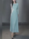 Mijie's 2025 Autumn New Stylish Blue Hollow-Out Round-Neck Dress for Women, Elegant and Slimming Mid-Length Dress