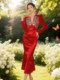 Mijie 2025 Winter Red V-Neck Rhinestone Dress for Women, Slim Fit, Figure-Flattering Mermaid Dress, Elegant Style Gown