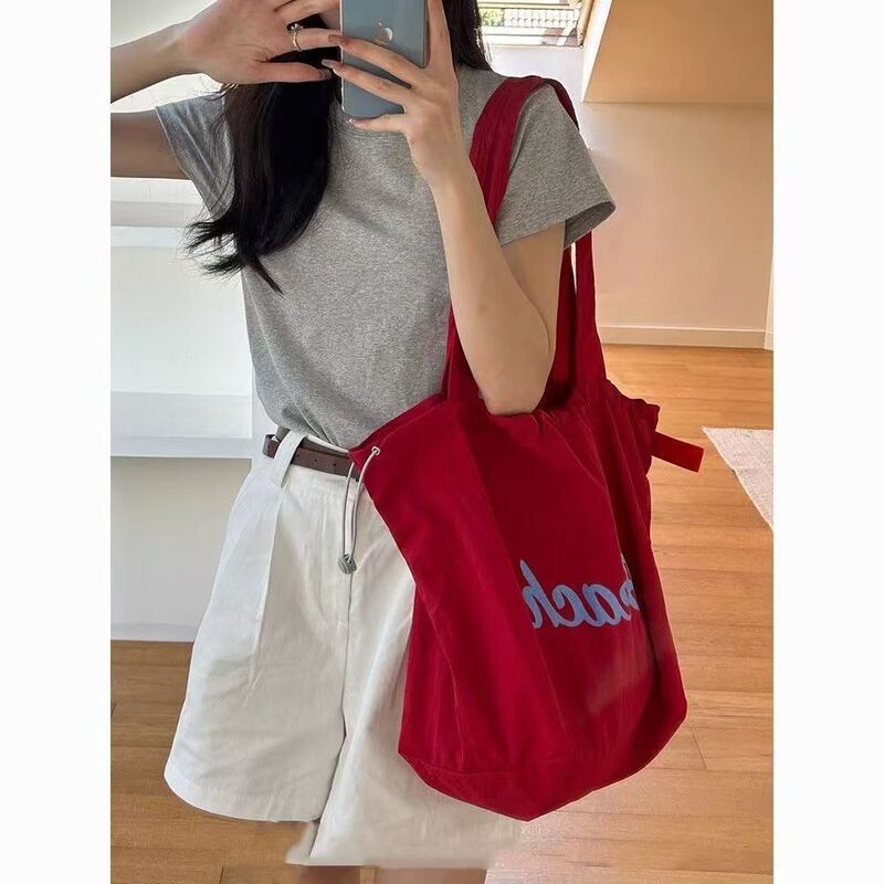 Women's Korean-Style New Letter-Print Nylon Shoulder Bag, Casual Versatile Portable Drawstring Large-Capacity Tote Bag