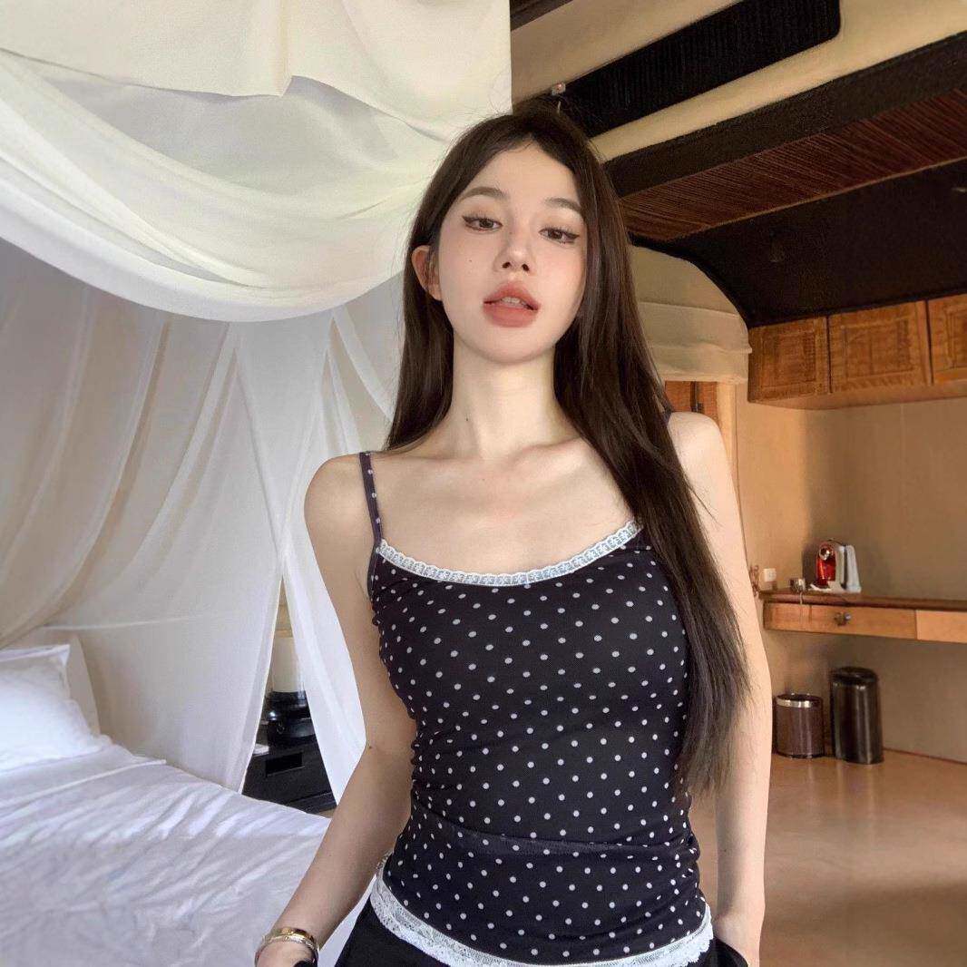简漫妮辣妹内搭纯欲外穿少女吊带显瘦修身蕾丝拼接波点学生背心夏