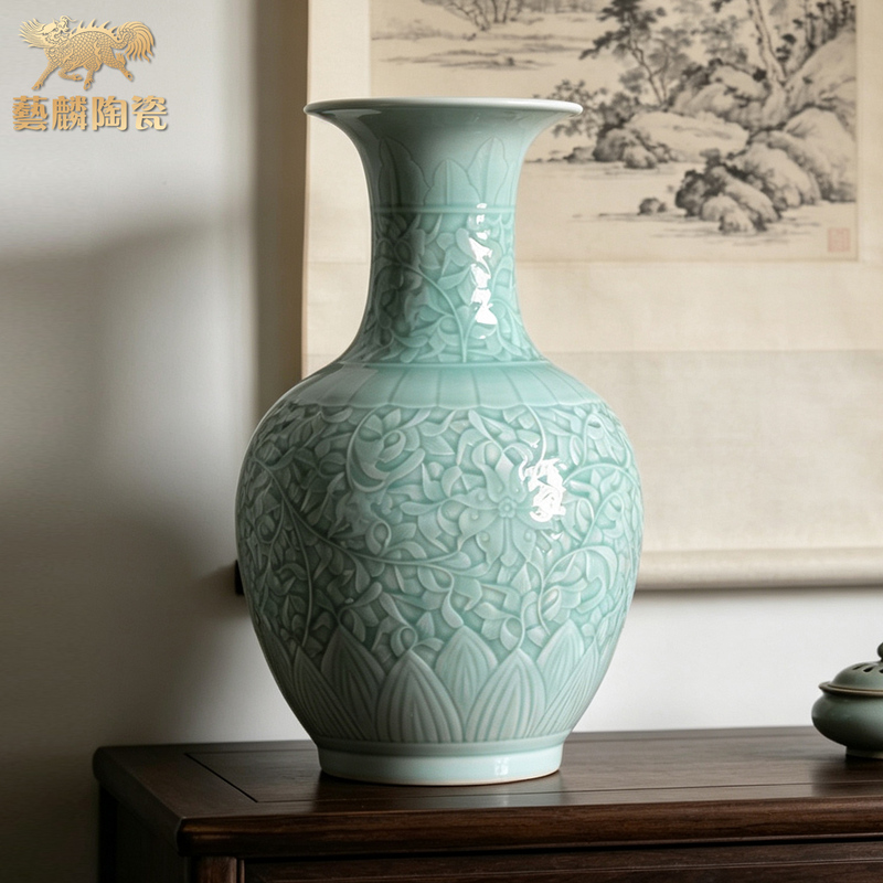 Jingdezhen Ceramic Ware, New Chinese-Style Flower Arrangement, Handmade Celadon Carving, Living Room Decoration, Home Floor-Standing Large Vase