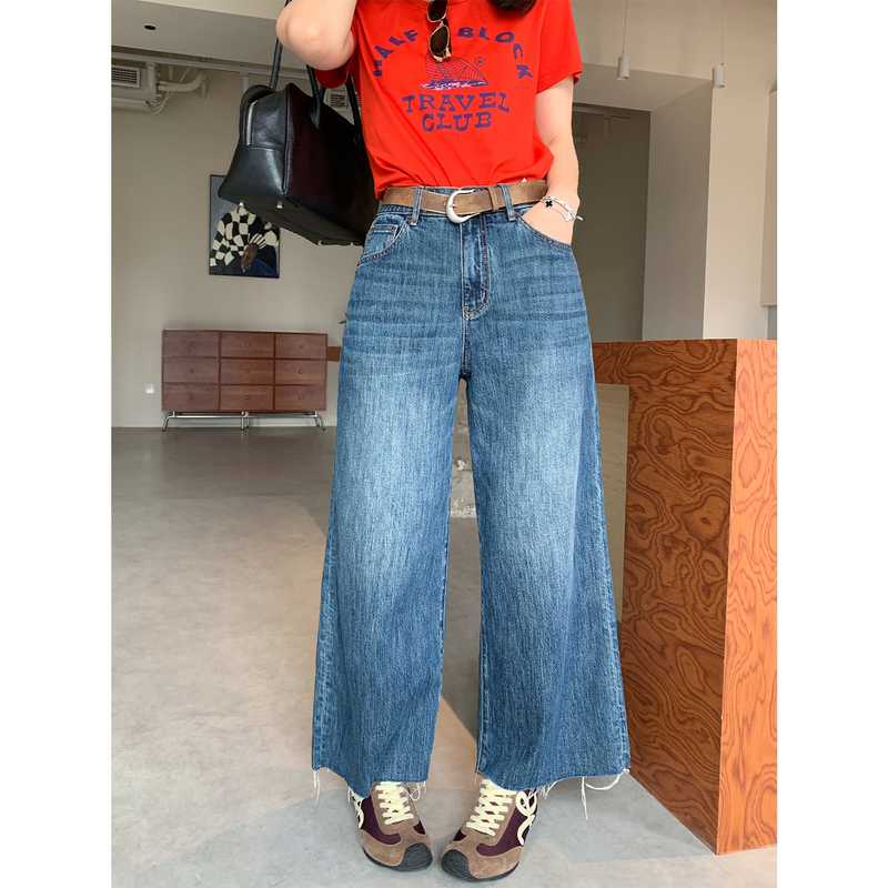 Prase Lulu Lu【Bay Area Denim】High-Waisted Wide-Leg Jeans for Women, Autumn Season, Plus-Size, Slimming Long Pants