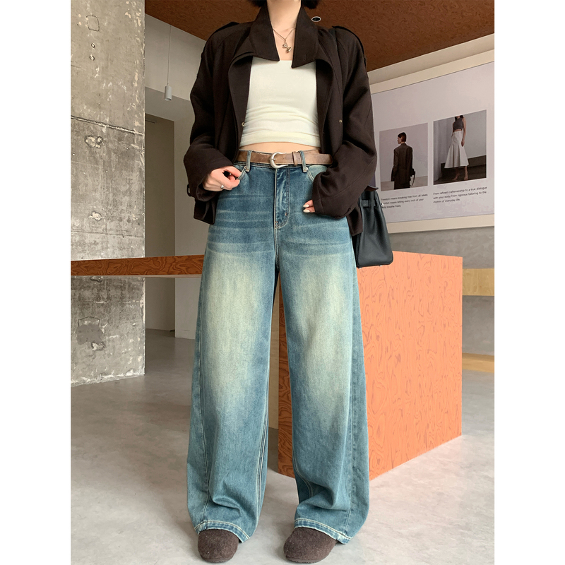 Prase Lu Lulu【New York Street】High-Waisted Loose Fit Hip-Covering Slimming Commuter Fleece-Lined Straight-Leg Jeans for Women Prase Lu Lulu【New York Street】High-Waisted Loose Fit Hip-Covering Slimming Commuter Fleece-Lined Straight-Leg Jeans for Women