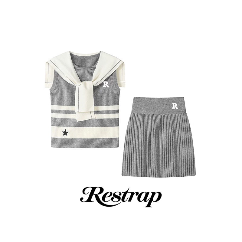 [Official Authentic Product] Korean Restrap Academy Style Knitted Shawl Striped Sleeveless Vest Short Skirt Set for Women