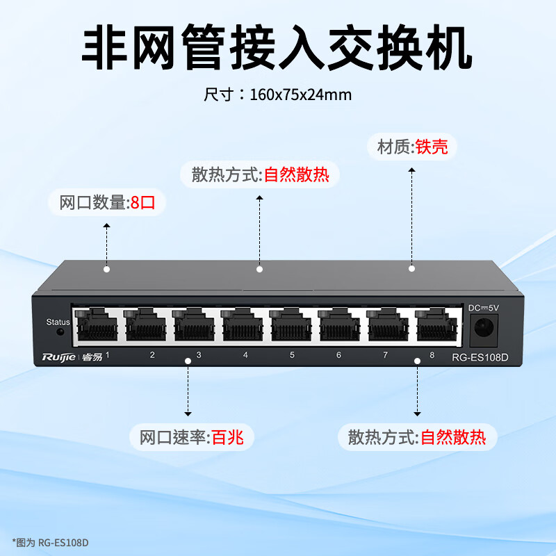 Ruijie Ruiyi switch RG-ES108D 8-port 100M, iron shell, non-network management, home student dormitory, monitoring and security network hub