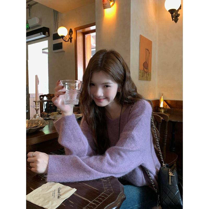 Asspaa Purple Soft Pullover Knitted Sweater for Women 2026 Autumn New Style Lazy and High-End Looking Very Good Top