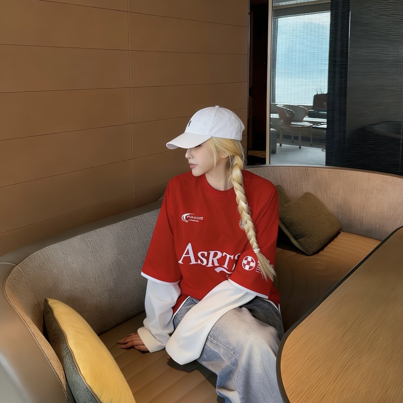 Asrts High-End Letter Print Pure Cotton American-Style Jersey Couple Long-Sleeve T-Shirt Women's Casual Relaxed Fake Two-Piece Top Asrts High-End Letter Print Pure Cotton American-Style Jersey Couple Long-Sleeve T-Shirt Women's Casual Relaxed Fake Two-Piece Top