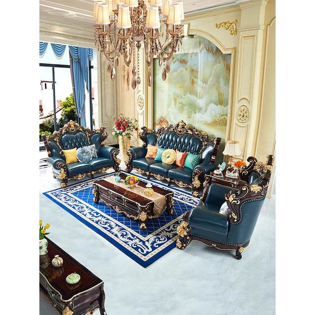 European-style leather sofa combination, solid wood carvings, luxury living room, large-sized villa, high-end European and American whole-house furniture