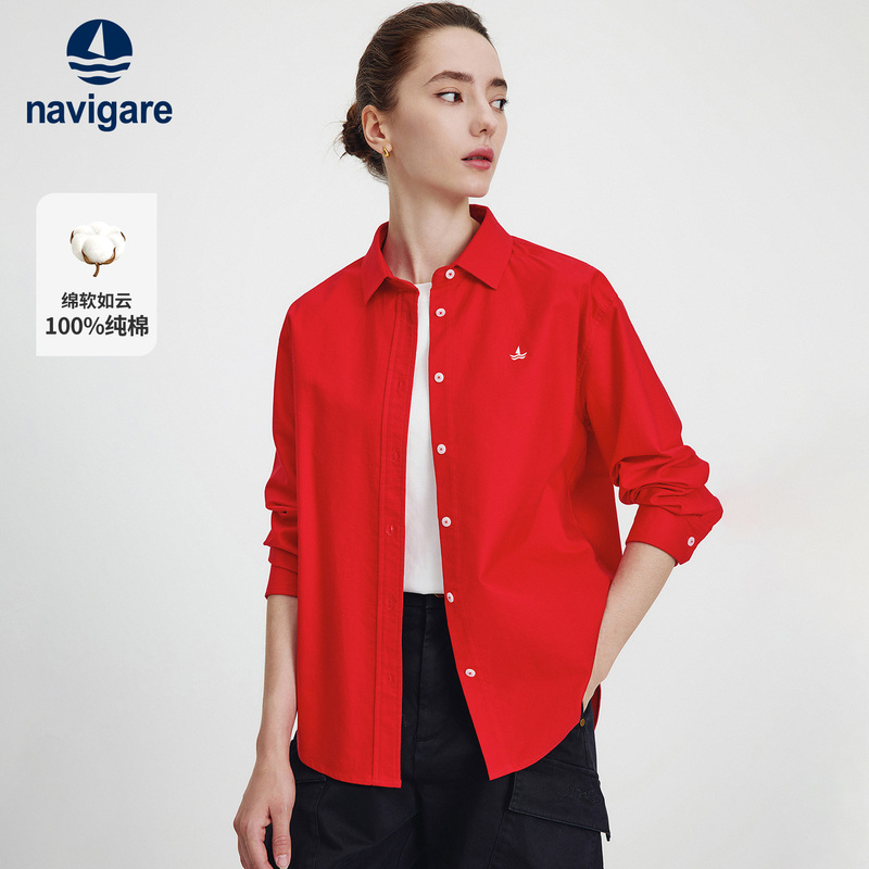 Navigare Italian Small Sailboat Red Casual Long-Sleeved Shirt for Women 2026 Autum New Pure Cotton Shirt