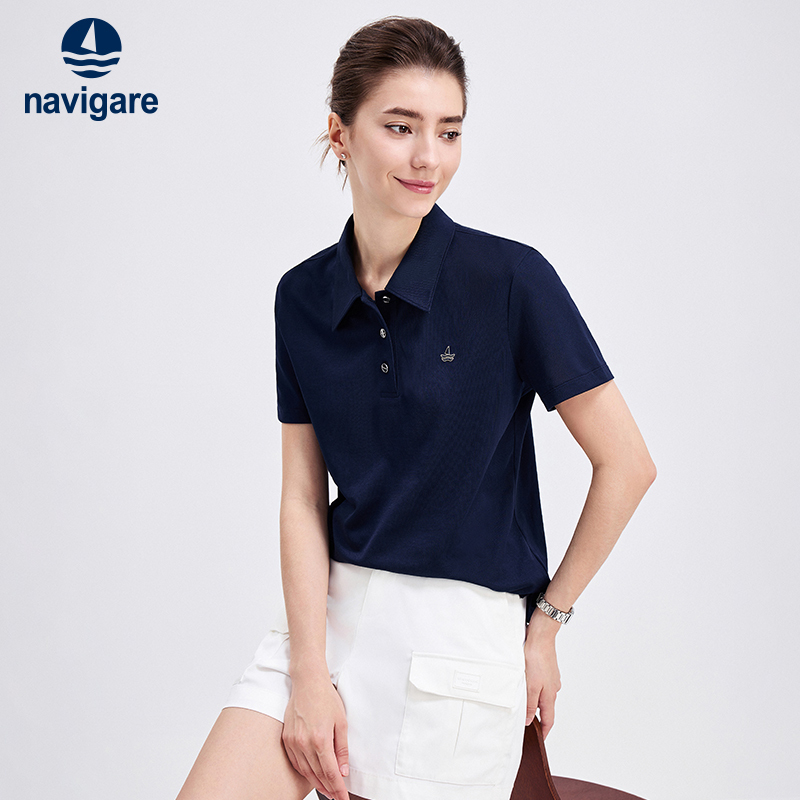 Navigare Italian Small Sailboat Old Money Style Short-Sleeved Polo Shirt for Women 26 Summer New Casual Lapel T-Shirt