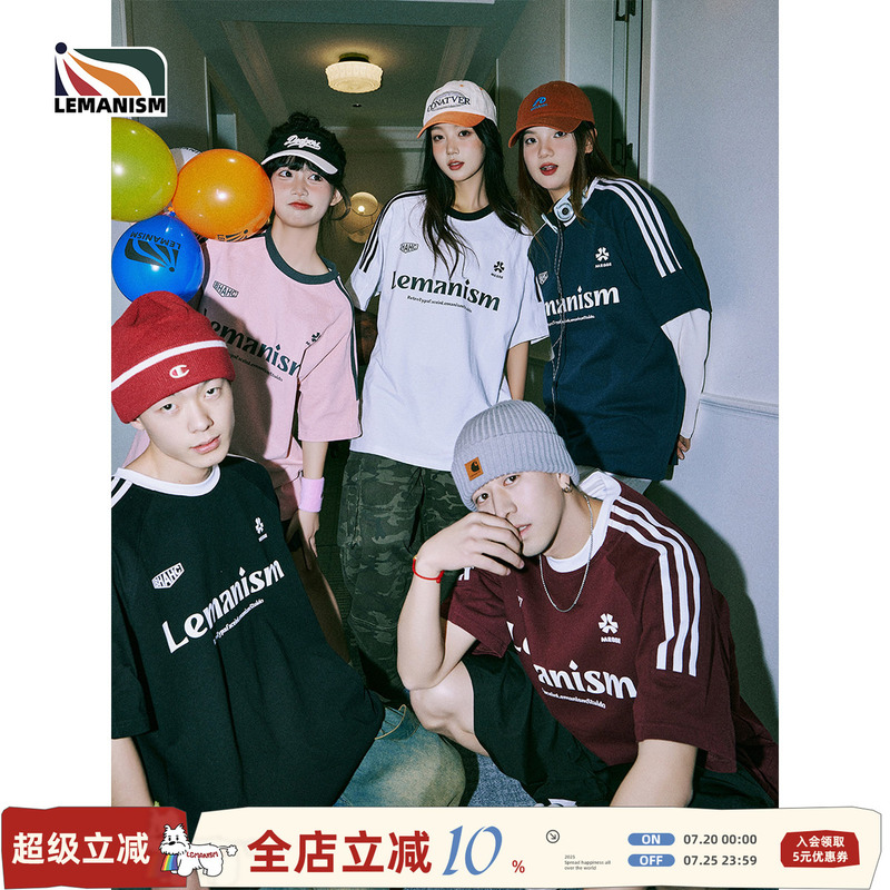 Celebrity-Style Lemanism Summer American Retro T-Shirt Short-Sleeved Men's Raglan Sleeve Three-Stripe Sports T-Shirt