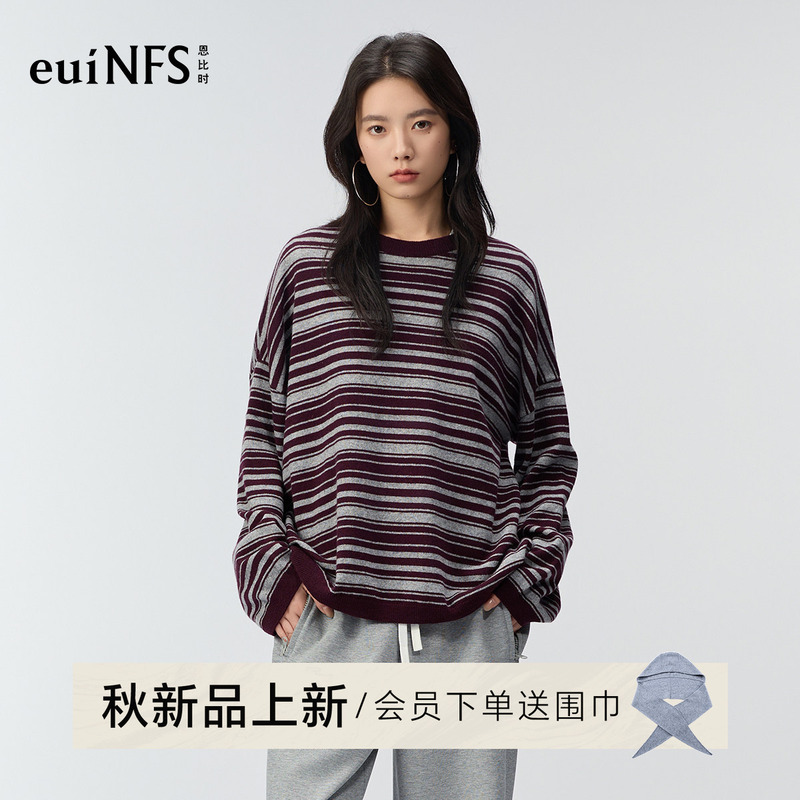 Enbishi Color-Block Striped Knit Sweater 2026 Autumn New Style 100% Merino Wool Casual Round-Neck Pullover Top Enbishi Color-Block Striped Knit Sweater 2026 Autumn New Style 100% Merino Wool Casual Round-Neck Pullover Top