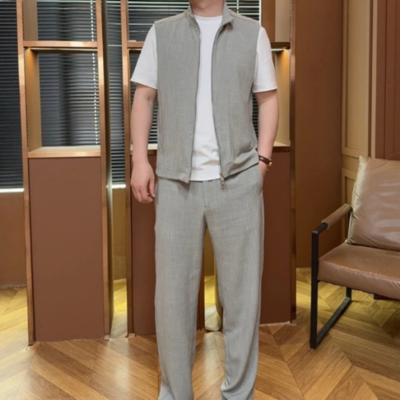 Summer Men's New Linen Texture Series Vest, Old Money Style, Casual, Breathable, Versatile Two-Piece Casual Fashion Set Summer Men's New Linen Texture Series Vest, Old Money Style, Casual, Breathable, Versatile Two-Piece Casual Fashion Set