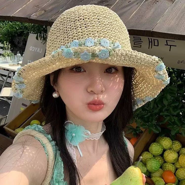 甜美风花朵编织草帽女夏季沙滩海边度假渔夫防晒帽大檐遮太阳帽子