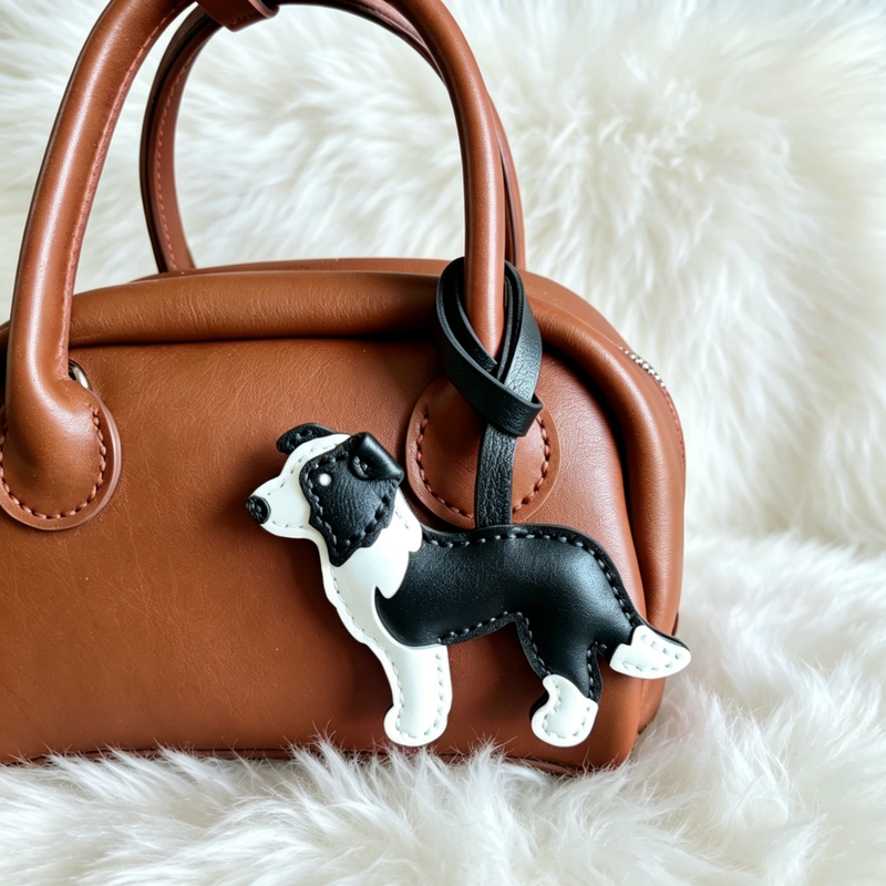 First-Layer Cowhide, Hand-Stitched Border Collie Dog Pendant, Car Keychain, Cute Gift, Couple Accessories
