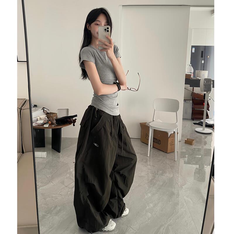 Yusan American-Style Parachute Cargo Pants with Loose Fit, Elastic Drawstring, Pleated Pockets, American Casual Long Pants for Summer