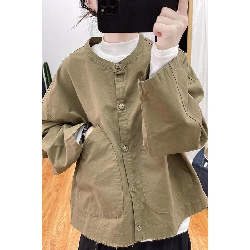 Spring and Autumn Retro Stand Collar Loose Cotton-Blend Women's Cardigan 2026 Korean Style Slimming Top Versatile Casual Jacket
