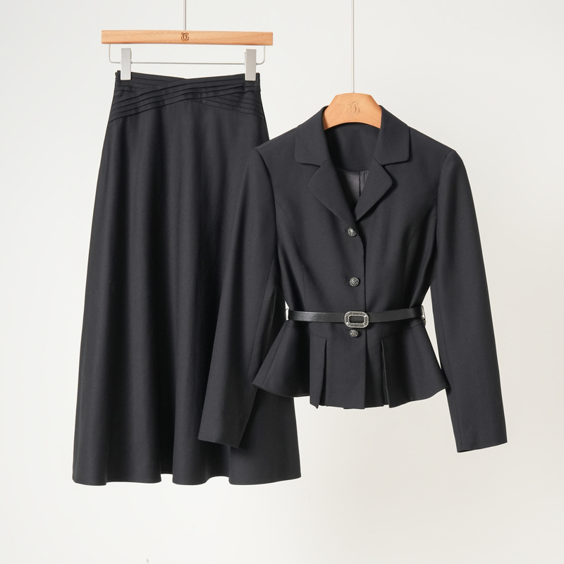 Xizi/[Elite Set] Rayon Wool Lapel Belted Jacket + Pleated Umbrella Skirt Set/Tj1476