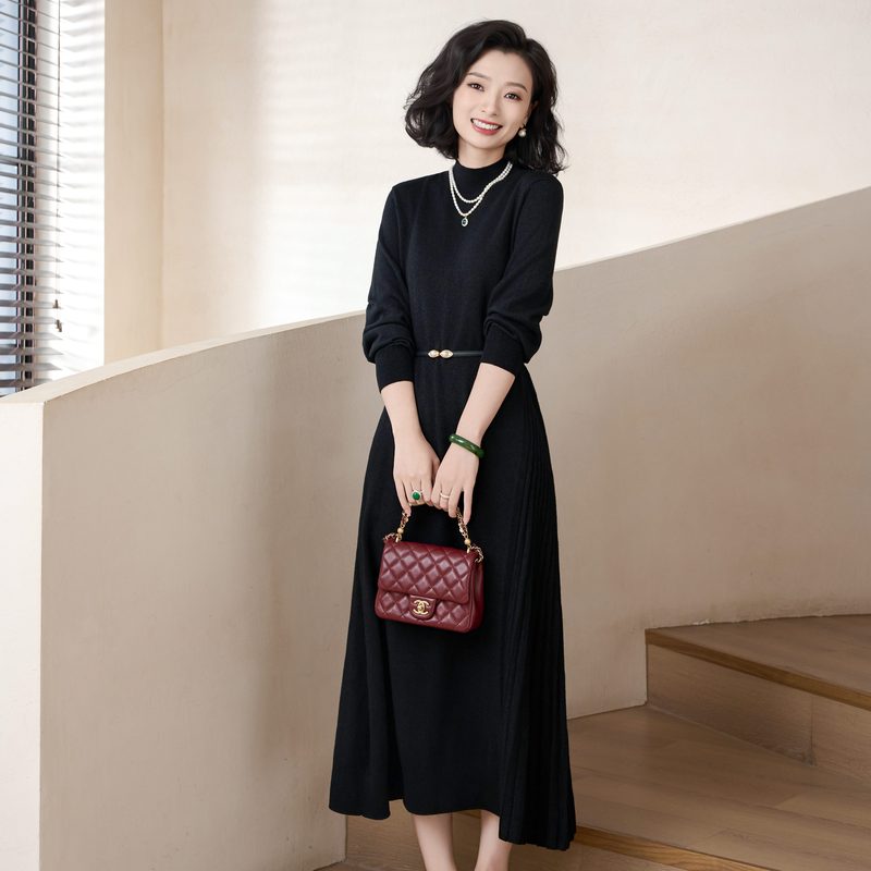 Yu Xizi/[Dream Ballet] Fine Wool Half-Turtleneck Pleated Versatile Slimming Dress/Cqbh2070