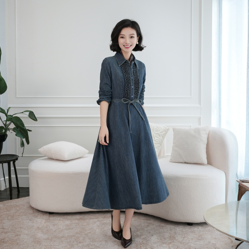 Xizi/[Cloud Denim] 100% Long-Staple Cotton Shirt Collar Waist-Cinching Pleated Denim Dress/Yf1000