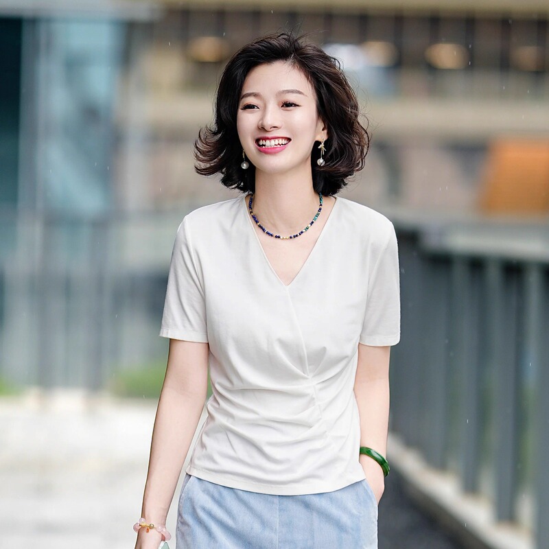 Xizi/[All-Purpose t] Mulberry Silk V-Neck Fashionable Versatile Waist-Cinching Minimalist T-Shirt Top for Women/Txcy001