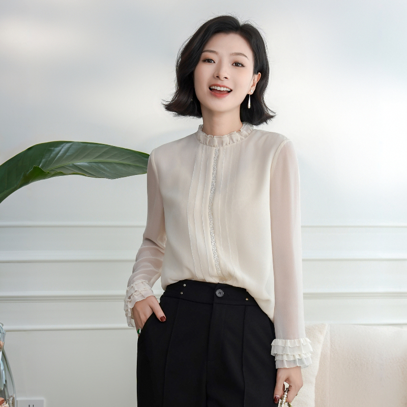 Xizi/[Moonlight Flower Sleep] 100% Mulberry Silk Georgette Ruffle Collar Tuck Pleat Shirt/Syhy0487