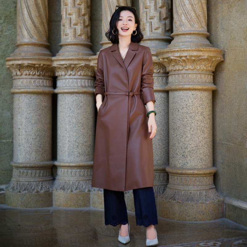 Xizi/[Cocoa Hazelnut] Early Autumn Imported Sheepskin Lapel Lace-Up Mid-Length Leather Trench Coat/Yf0930