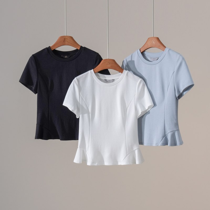 Xizi/[High-End t] Lyocell Cotton Slim-Fit Tailored Waist-Cinching Ruffle Hem Commuter Short-Sleeve T-Shirt/Sytj1258