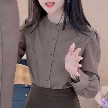 Simple and Elegant Retro Design Stand-Collar Long-Sleeve Shirt for Women, Fashionable Button Decoration, Slimming and Stylish Commuter Top