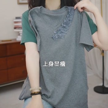 Summer New Style Gray V-Neck Short-Sleeve Ruffled T-Shirt for Women, Slim-Fit Design, Casual and Comfortable, Simple Style