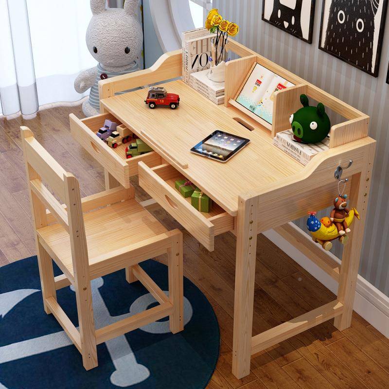 Solid wood children's desk, study desk, children's table and chair bookshelf combination, pine wood primary school, CAO student writing small desk