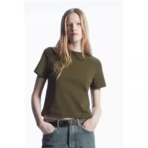 Cs Women's Standard Fit Pure Cotton Round Neck Short-Sleeved T-Shirt Khaki Green 2025 Spring New Product 0960679096