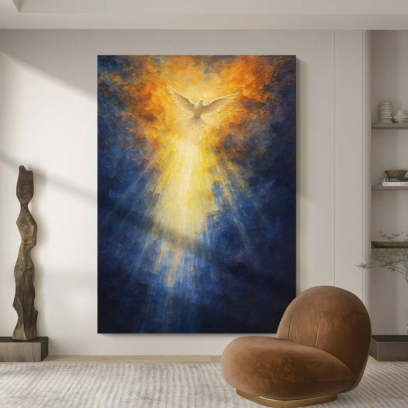Redemption's Light American Retro Living Room Sofa Decorative Painting Peace Dove Hand-Painted Oil Painting Entrance Wall Art Niche Wall Art