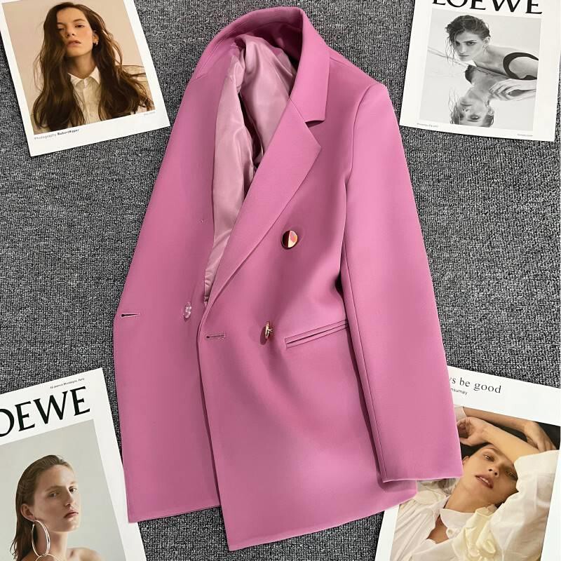 Purple Pink Metal Buckle Blazer for Women, 2025 Spring New Style, British Style Design, Double-Breasted Suit, Trendy Purple Pink Metal Buckle Blazer for Women, 2025 Spring New Style, British Style Design, Double-Breasted Suit, Trendy