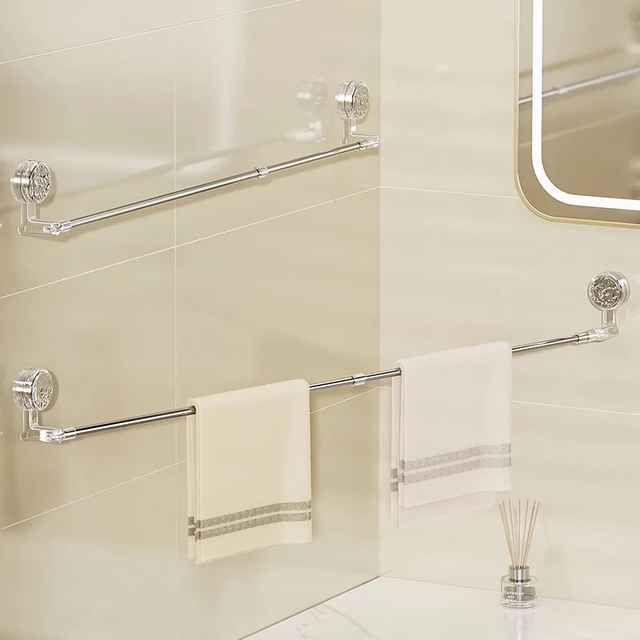 Bathroom No-Drill Towel Rack Stainless Steel Extendable Rotating Suction Cup Towel Bar Single Rod Storage Rack