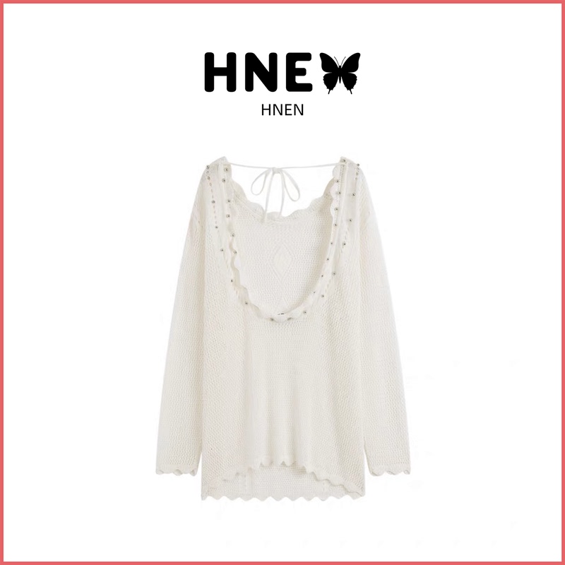 Hnen Relaxing Vacation Beaded Hollow Knit Cover-Up for Women 26 Summer New Thin Loose Long Sleeve Top