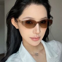 2025 New arrival Teame Frameless Cat's Eye Sunglasses Women's Trendy Online Hot Spice Girl Square Face Slim Looking Sunglasses UV Protection