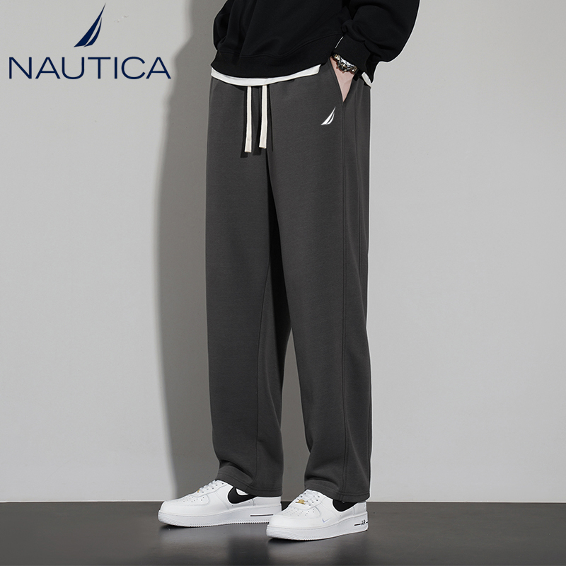 Nautica/Nautica Spring, Autumn and Winter Men's Sweatpants, Thick Velvet Pure Color Cotton Pants, Sports Straight Casual Pants
