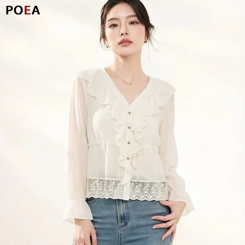 Poea Retro Lace Ruffled Embroidered Long-Sleeved Shirt for Women 2026 Summer Unique and Beautiful Slimming Top