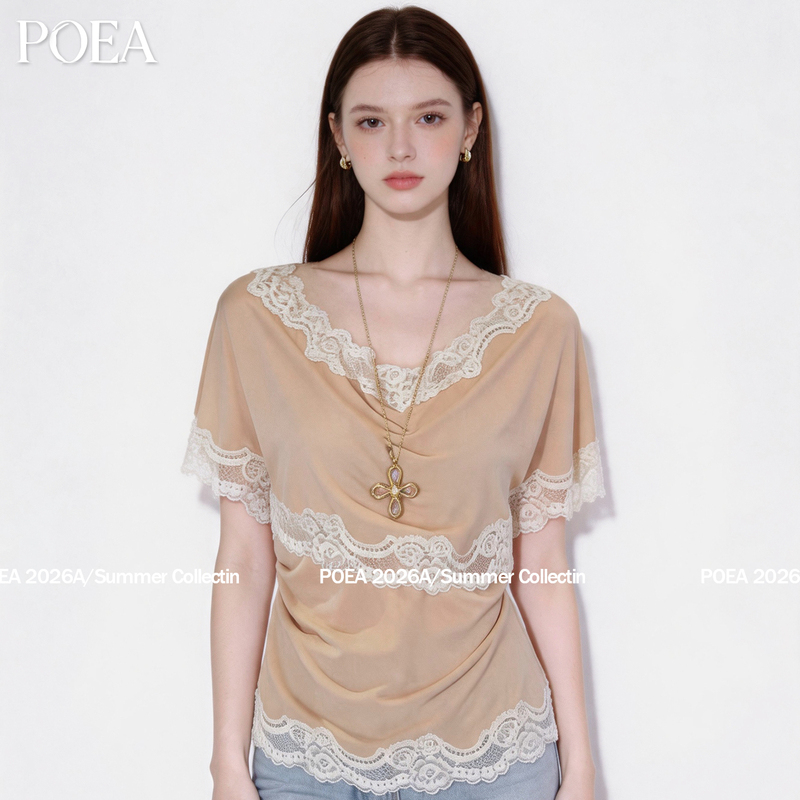 Poea French-Style Lace Trim Patchwork Blouse for Women, Summer 2026, Versatile, Slimming, Trendy Top Poea French-Style Lace Trim Patchwork Blouse for Women, Summer 2026, Versatile, Slimming, Trendy Top