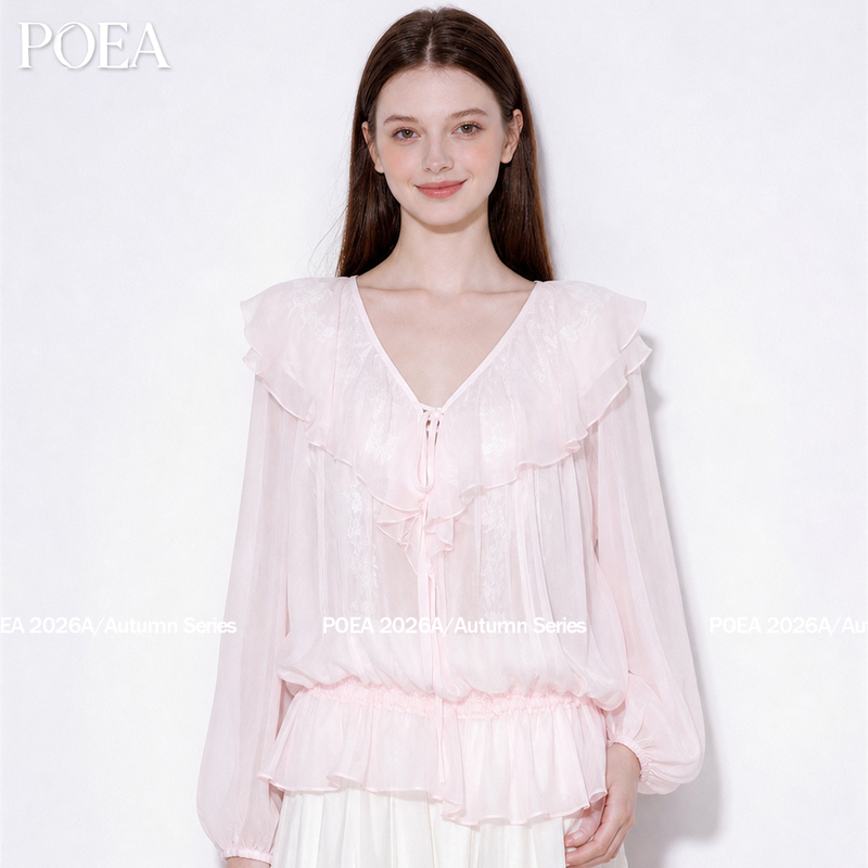 Poea Double-Layer Lace Ruffled Waist-Cinching Lantern Sleeve Top 2026 Autumn New Versatile Thin V-Neck Shirt Poea Double-Layer Lace Ruffled Waist-Cinching Lantern Sleeve Top 2026 Autumn New Versatile Thin V-Neck Shirt