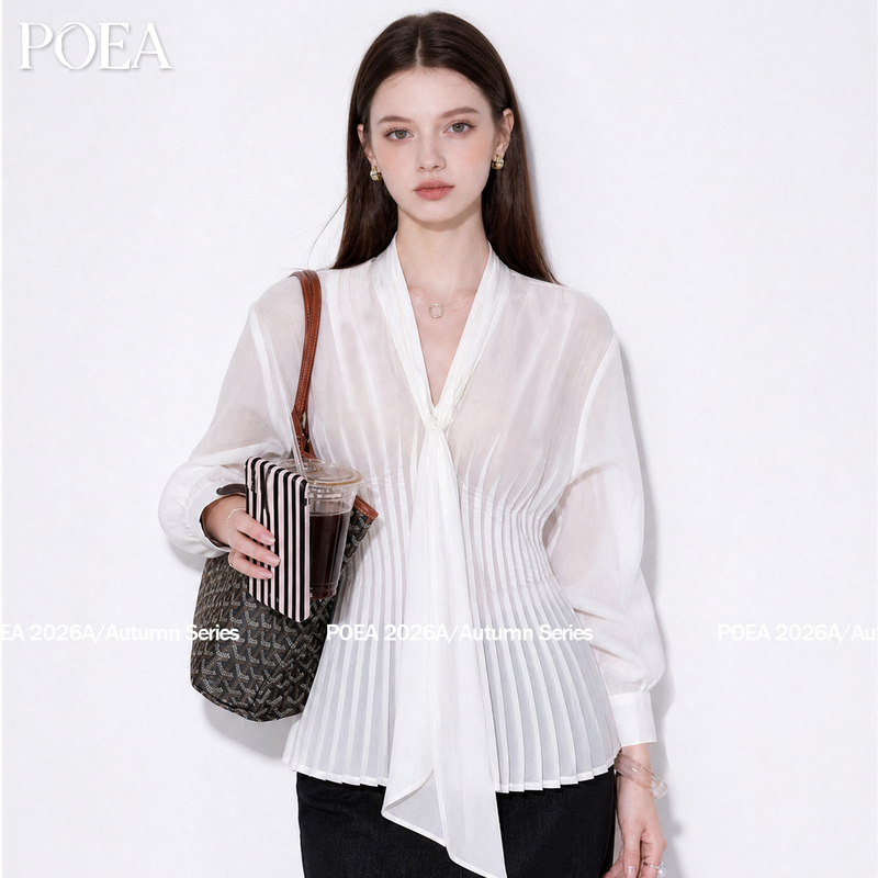 Poea Lazy Style Pleated Tie Long Sleeve Shirt for Women 2026 Autumn High-Quality Slimming Waist-Cinching Top