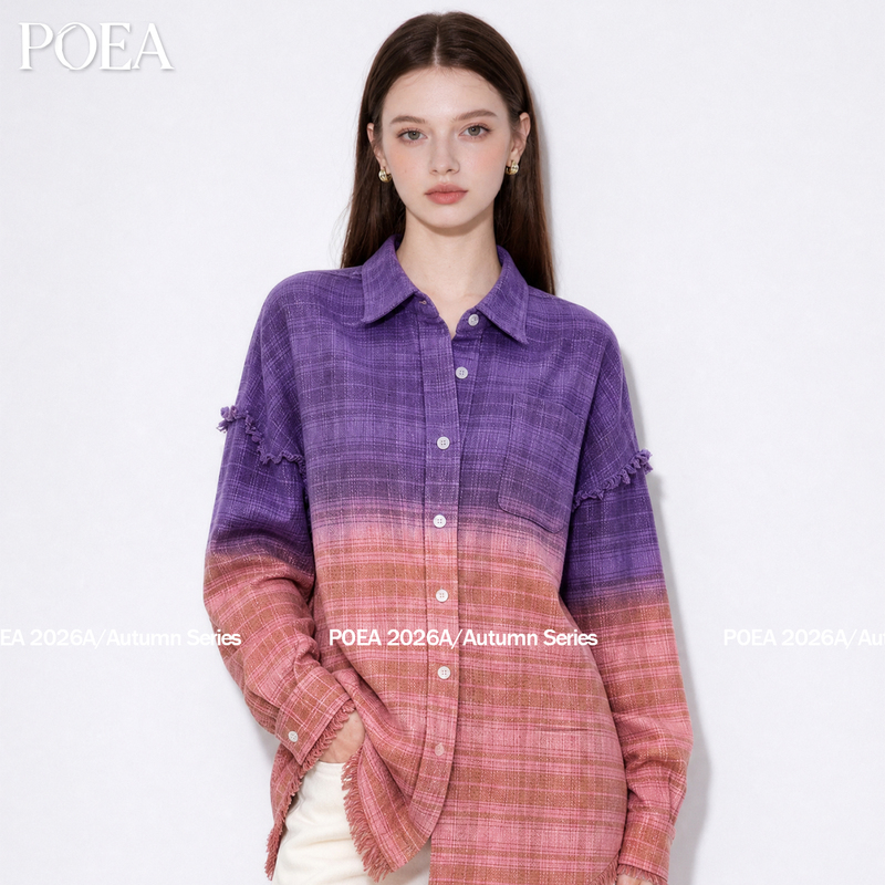 Poea Retro Gradient Purple-Red Plaid Shirt 2026 Early Autumn New Style Frayed Edge Vintage Tie-Dye Plaid Shirt for Women