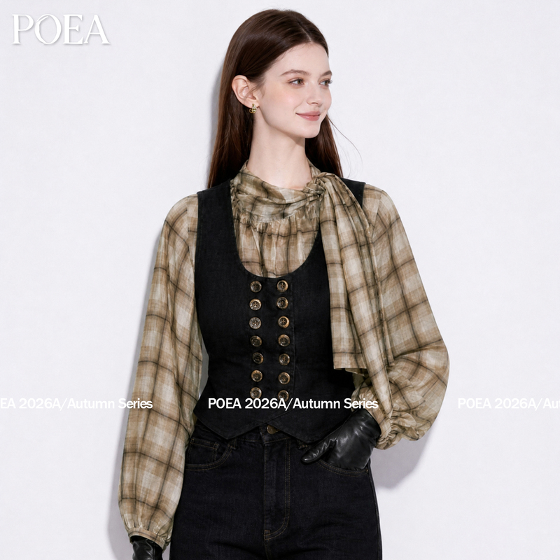 Poea Laurel Tree Vintage French Napoleon Style Printed Plaid Ribbon Sleeveless Vest Top for Women