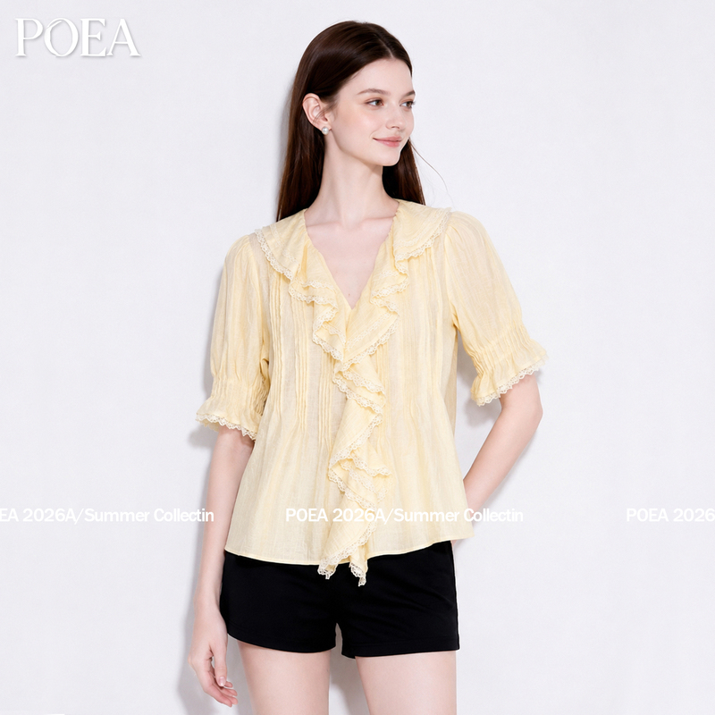 Poea French-Style V-Neck Lace Patchwork Ruffle Puff Sleeve Shirt 2026 Summer Elegant Loose Versatile Top