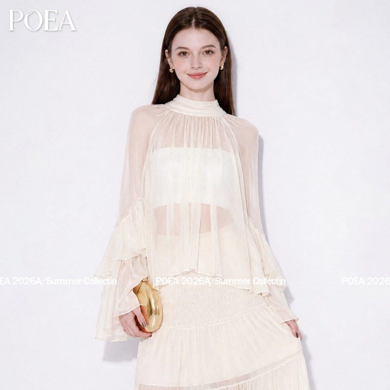 Poea French Romantic Slightly See-Through Mature Style Ruched Semi-Transparent Double-Layer Ruffle Shirt Top for Women 2026
