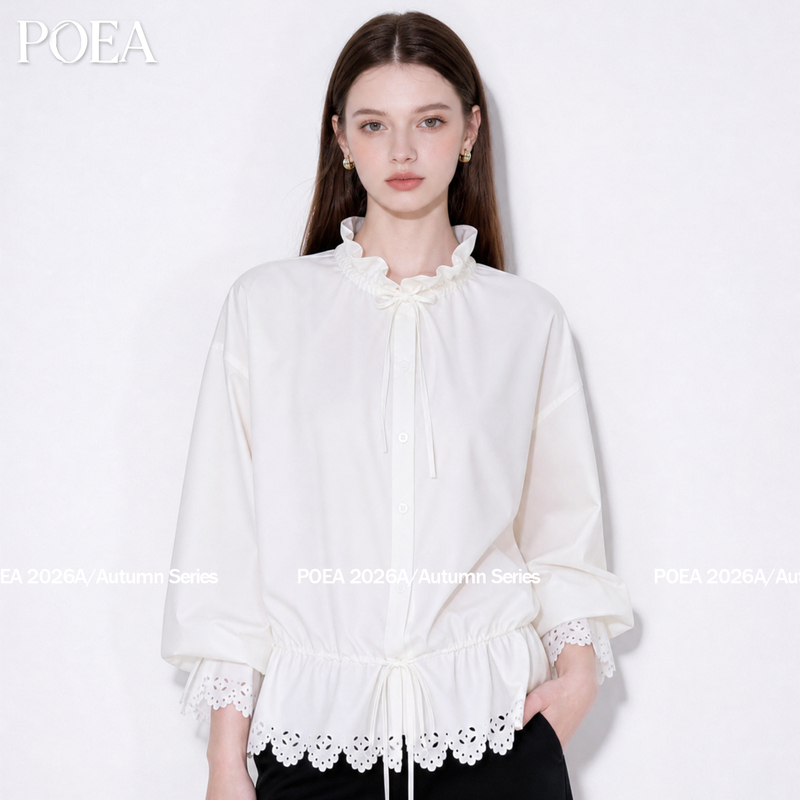 Poea Gentle and Elegant White Stand-Up Collar Ruffle Drawstring Three-Quarter Sleeve Shirt with Lace Patchwork and Waist-Cinching Versatile Top Poea Gentle and Elegant White Stand-Up Collar Ruffle Drawstring Three-Quarter Sleeve Shirt with Lace Patchwork and Waist-Cinching Versatile Top