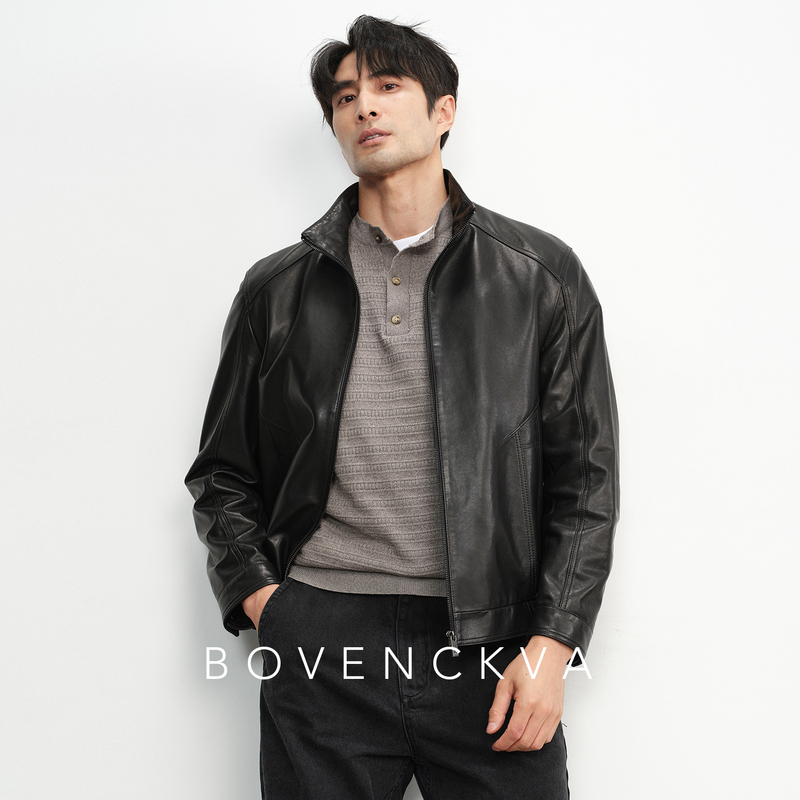Elegant and Warm Genuine Leather Jacket for Men, Made of First-Layer Vegetable-Tanned Sheepskin with a Stand-Up Collar, Short Jacket with Detachable Goose down Filling Elegant and Warm Genuine Leather Jacket for Men, Made of First-Layer Vegetable-Tanned Sheepskin with a Stand-Up Collar, Short Jacket with Detachable Goose down Filling
